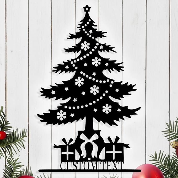 Personalized Christmas Tree Metal Sign, Custom Signs Outdoor Metal Wall Decor, Merry Christmas Tree Signs Wall Decoration for Home Living Room, Bedroom, Office, Garden, Porch