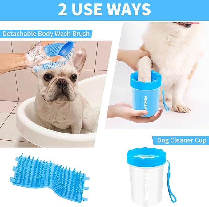 Professional 7 in 1 Dog Paw Cleaner for Dogs & Cats - Includes 1 Portable Paw Washer, 1 Bath Brush, 2 Dog Toothbrushes and 3 Absorbent Towels Note: Fits Paws up to 2 Inches Wide (Small, Blue)