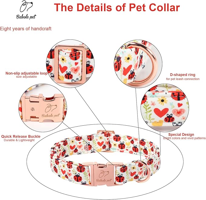 Cute Dog Collar for Medium Dogs - Red Ladybug & Blooms Dog Collars, Adjustable Heavy Duty Pet Collar for Dog Moms & Kids with Metal Buckle M