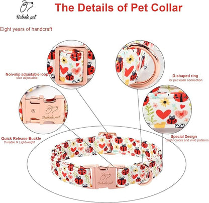 Cute Dog Collar for Medium Dogs - Red Ladybug & Blooms Dog Collars, Adjustable Heavy Duty Pet Collar for Dog Moms & Kids with Metal Buckle M