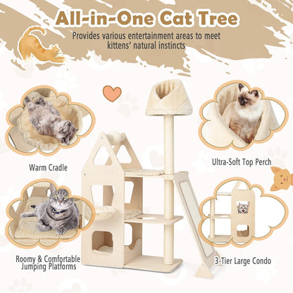 Tangkula Modern Wood Cat Tree for Indoor Cats, 64 Inch Multi-Level Tall Cat Tree with Scratching Rotatable Ball & Posts, Sisal Ramp, Hanging Basket, Large Cat Tower with Plush Perch, Washable Mats