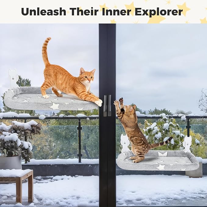 Homimp Cat Window Perch,Cordless Cat Window Hammock for Wall with 4 Strong Suction Cups,Solid Metal Frame and Two Replaceable Covers,Foldable Cats Bed for Large Cats and Kittens,Indoor Pet Seat,Grey L
