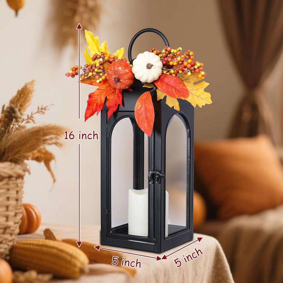 Bdor 2 Pack Fall Lanterns Decor with LED Candle – 16 Inch Harvest Pumpkin Maple Leaf Hanging Lantern for Autumn Thanksgiving Table Centerpiece Indoor Outdoor Decoration, Battery Operated