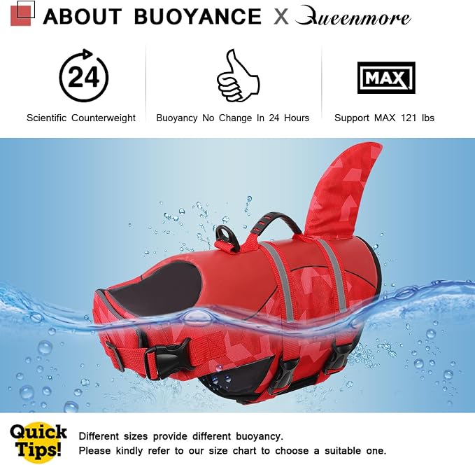 Shark Dog Life Jacket, LifeVests for Boating, High Buoyant Dog Life Vest for Swimming, Adjustable Easy On Pet Jackets for Small, Medium, Large Dogs (Red Triangle,XXL)
