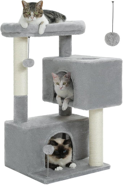 32" Cat Tree Tower for Indoor Cats - 2 Cozy Condos, Multi-Level Cat Scratching Posts with Sisal, Soft Padded Perch, 2 Dangling Toys, Light Grey
