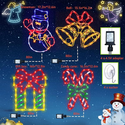 Christmas Decorations - 16" Christmas Window Silhouette Lights - 4 Pack Colour Lighted Gift Box ＆ Snowman ＆ Candy Cane ＆ Bell for Holiday Indoor and Outdoor Wall Door Window Decorate