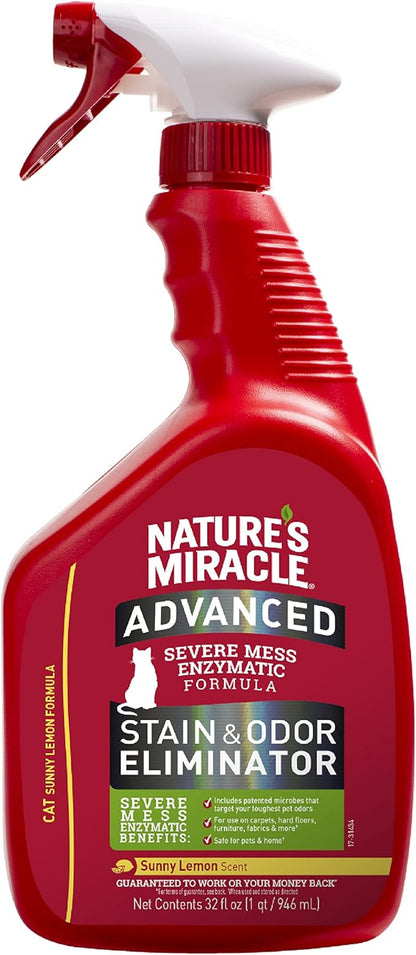 Nature's Miracle Advanced Cat Stain and Odor Eliminator Spray, Severe Mess Enzymatic Formula, Sunny Lemon Scent, 32 fl oz
