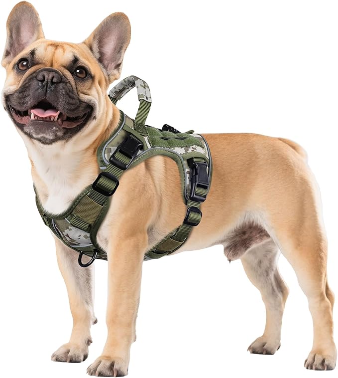 WINGOIN Tactical Dog Harness for Small Dogs, Heavy Duty No Pull Harness with Handle, Adjustable Reflective Military K9 Pet Vest for French Bulldog, Pug, Walking, Hunting, Green Camo (S)