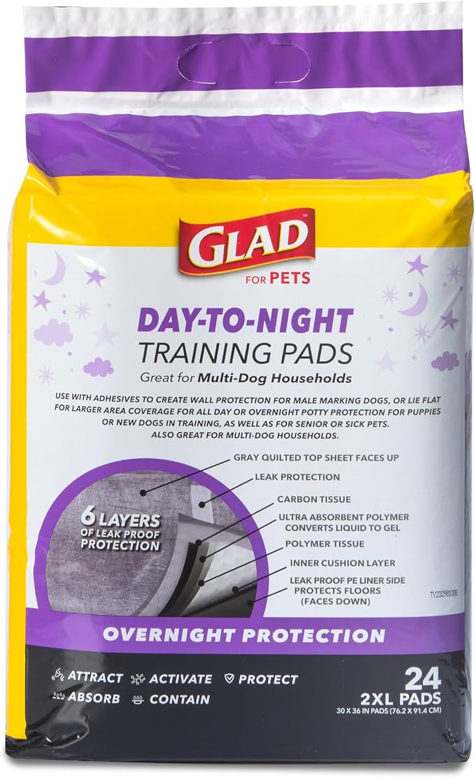 Glad for Pets Giant Activated Carbon Training Pads, 30 x 36 In, 24 Ct, 2-Pk | Adhesive backing and wall protection for leak-proof, super-absorbent day-to-night coverage