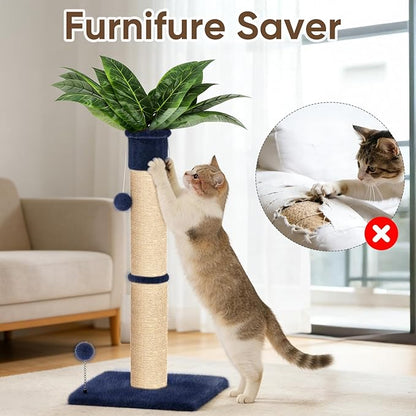 XiaZ Cat Scratching Post 34'' Tall, Cat Scratchers Tree Tower for Indoor Kitty with Extra Wide 15.8" Stable Base and 2 Toy Balls, Natural Sisal & Plush Fabric for Small, Medium Cats(Navy Blue, 2.8in)