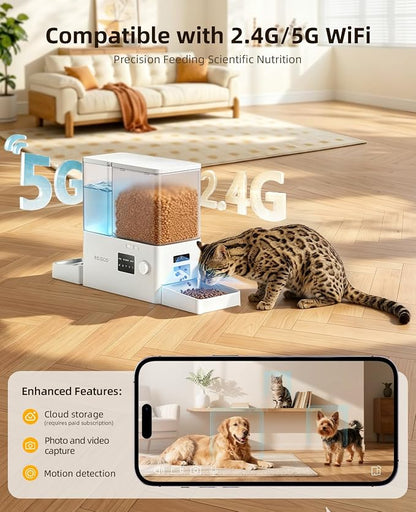 2-in-1 WiFi Automatic Cat Feeder and Water Dispenser with Camera | 1080 HD Camera/Night Vision/2.4G,5G WiFi APP/Customizable Feeding/8.5L Large Capacity/Stainless Steel Bowl/Detachable Clean