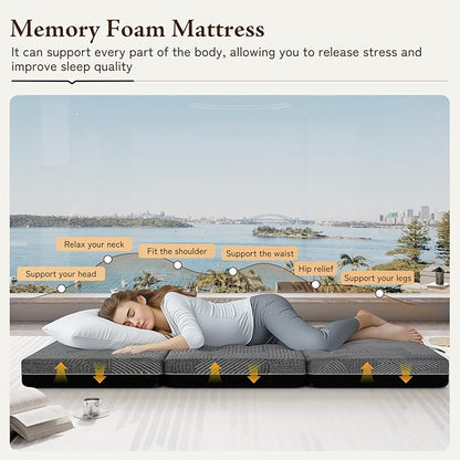 Tri Folding Mattress Full Size - Memory Foam Tri-fold Mattress, Handle & Non-Slip Bottom, Portable Foldable Sofa Bed Floor Chair for Travel RV Camping Guest Yoga - 4 Inch, 73"x52"x4"