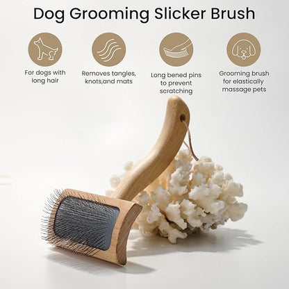 Dog Slicker Brush for Shedding,Dog Brush for Long Haired Dogs & Remove Tangles & Mats,Ergonomic Handle Grooming Like Professional,Beech Wood,M