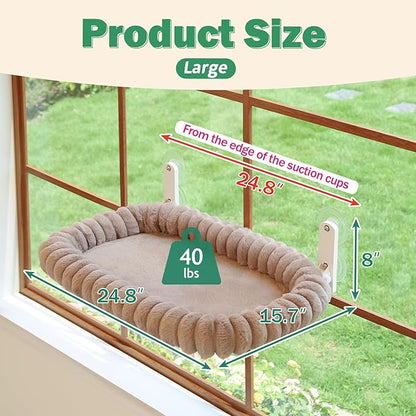 Zakkart SnugCloud Foldable Cat Window Perch - Cordless, Ultra Soft Machine Washable Bed with 4-Sided Bolster, Metal Frame - Window Hammock for Large Cats and Kittens (Brown, Large)