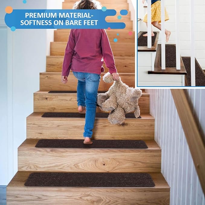 RIOLAND Stair Treads Carpet Non-Slip Indoor Stair Runners for Wooden Steps, Stair Rugs for Kids and Dogs, Set of 15, 8" X 30", Brown