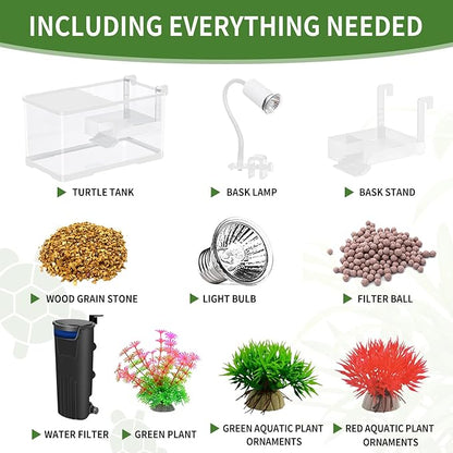 (Tank + Light + Filter + Filter Balls) Turtle Tank Kit, Turtle Tank Starter Kit,Bottom Drainage, Multi-Function Areas for Turtles, Crabs,Fishes, Amphibians,Reptiles. (21.65 × 12.28 × 12.28 Inch)