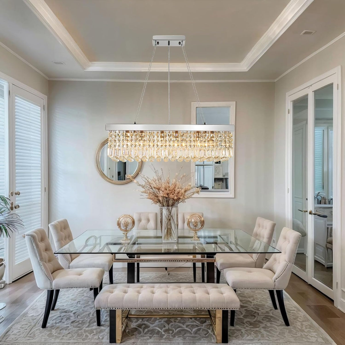 Modern Crystal Chandelier for Dining Room,6 Light K9 Crystal Rectangle Chandelier, Rectangular Pendant Ceiling Light Fixture for Living Room Kitchen Island L31.5''xW10''xH10''
