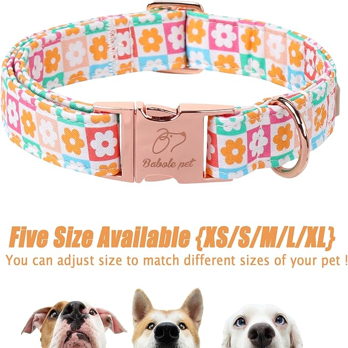 Spring Dog Collar, Pastel Checkered Flowers Pet Collar with Metal Buckel, Durable Adjustable Designer Dog Collars for Small Medium Large Dogs L