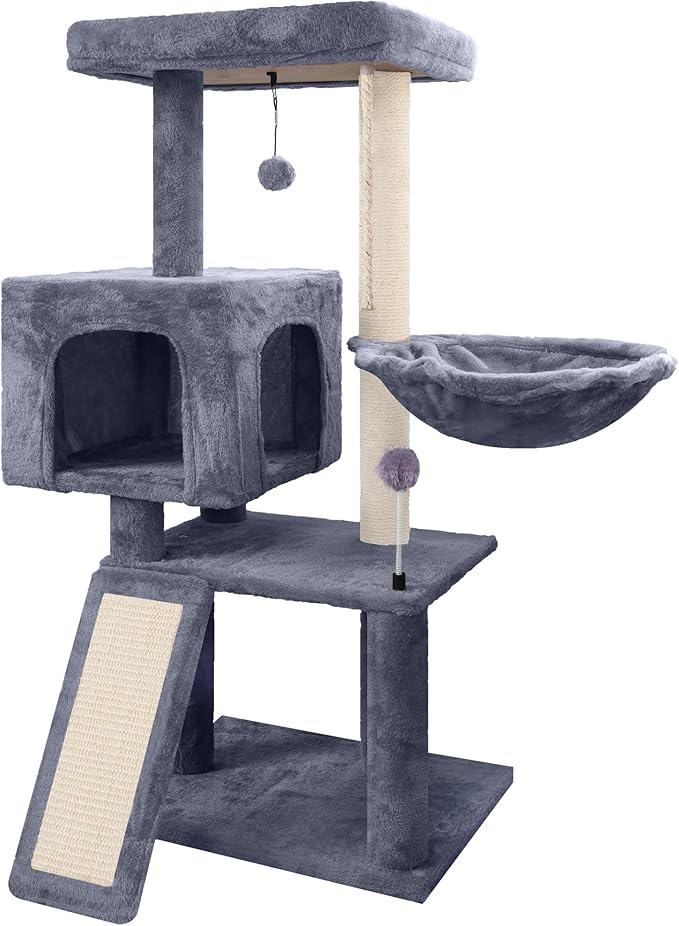Cat Tree with Cat Condo and Hammock, Cat Tree with Scratching Posts and Scratching Pads, Cat Tower for Indoor Cats, Activity Centre Climbing Tree with Playful Toy Balls, Grey