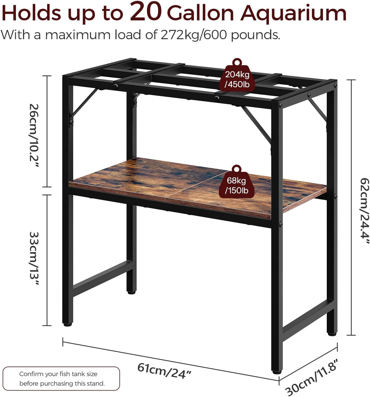 20 Gallon Fish Tank Stand, Aquarium Stand with 2-Tier Storage Shelves, Heavy Duty Breeder Turtle Terrarium Stand Rack for Home Office, 24.0" L x 11.8" W x 24.4" H, Rustic Brown FTHR2001