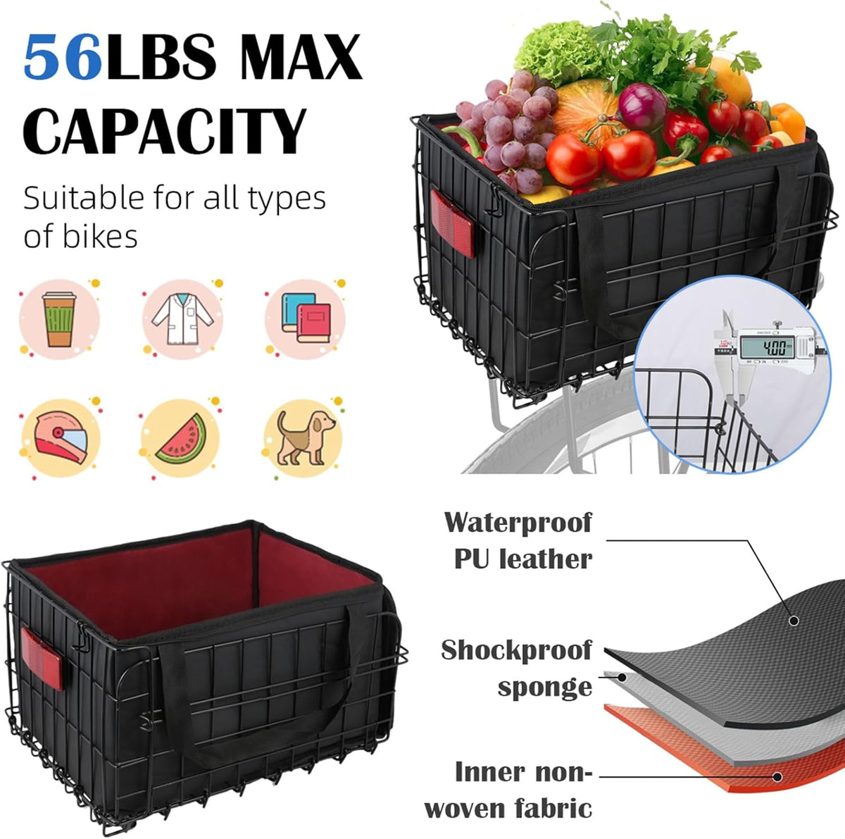 Bike Basket Rear, Folding Bicycle Basket with Removable Waterproof Liner Bag, Rear Bike Cargo Rack, Bike Accessories Frame Basket for Adult Women Men Carrying Dogs,Pet,Grocery,Quick Release Design