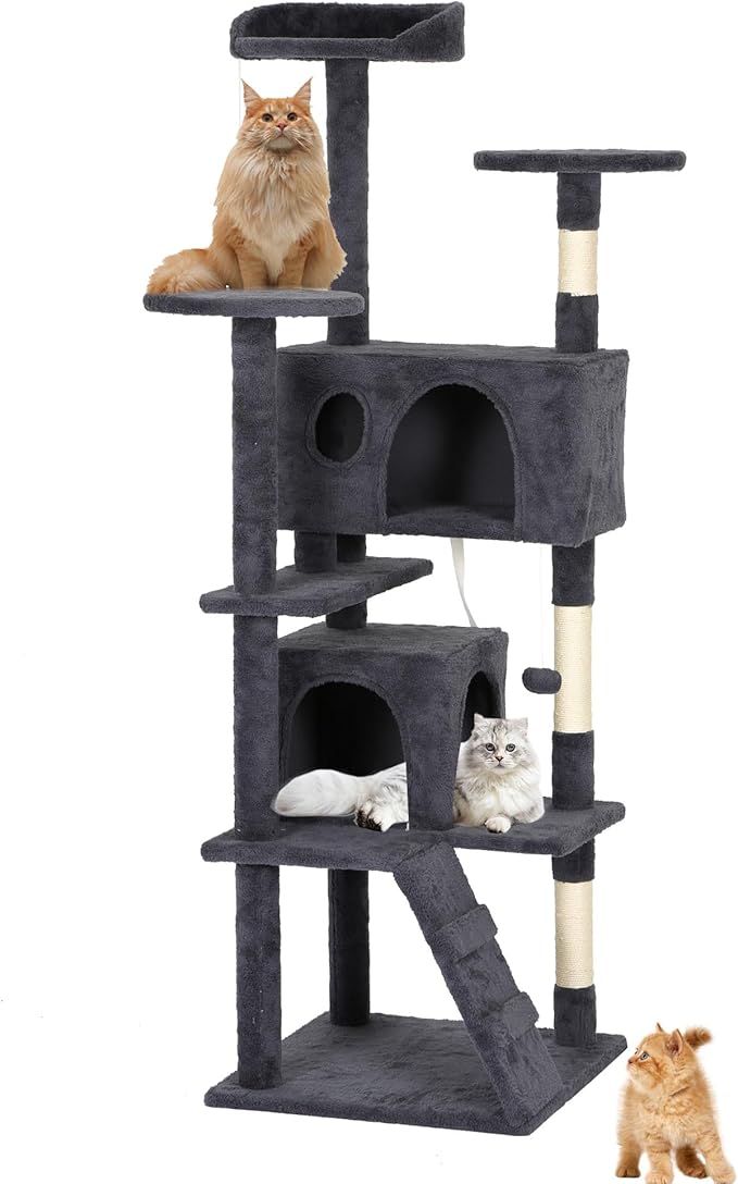 BestPet | 62" Cat Tree Tower | Dark Gray | Sturdy, Easy to Assemble, Multi-Level Activity Center with Sisal Scratching Posts, Condos, Perches, Hanging Cat Toys, Observation Decks & Ladder