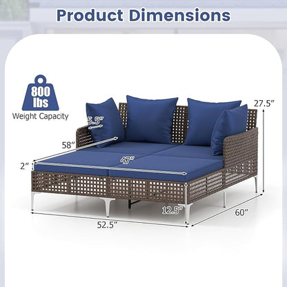 HAPPYGRILL Outdoor Patio Daybed PE Rattan Sunbed with Pillows and Cushions, Heavy-Duty Metal Frame, Outdoor Bed Lounger for Porch, Backyard and Poolside (Navy)