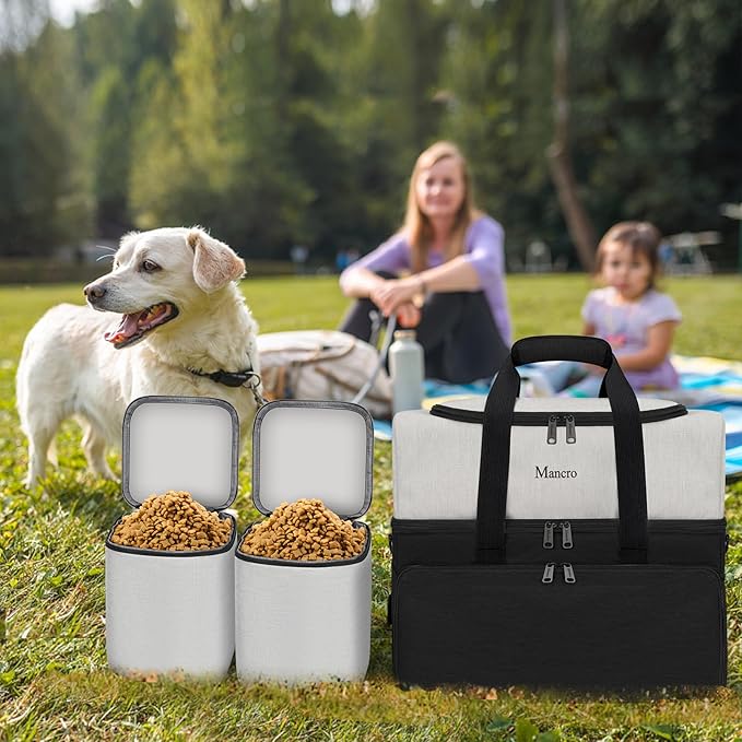 Mancro Dual Layers Dog Travel Bag, Pet Travel Bag with 2 Extra Large Food Containers, 2 Collapsible Dog Bowls, Multi-Pockets Tote Organizer for Pet Essentials for Dogs, Black