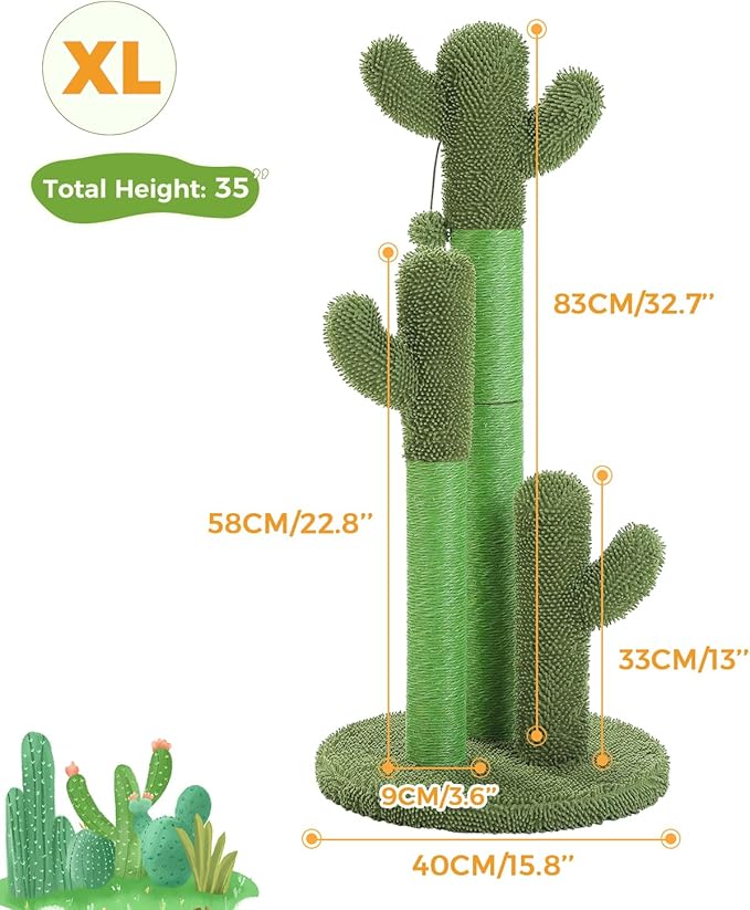 PAWZ Road Cat Scratching Post Cactus Cat Scratcher Featuring with 3 Scratching Poles and Interactive Dangling Ball - 35 Inches