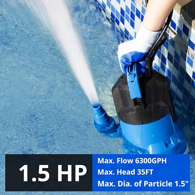 FOTING 1.5HP Sump Pump, 6300GPH High Flow Clean&Dirty Submersible Water Pump with Float Switch, Thermoplastic Electric Portable Utility Pump for Pool Draining Hot Tub Garden Basement