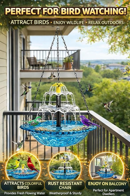 Solar Cascade Hanging Bird Bath Fountain, 2026 New Outdoor Hanging Bird Bath with Solar Fountain, Large Humming Birds Baths Fountains, with Solars Pump & Glass Bowl, for Outdoor, Gardens (#6)