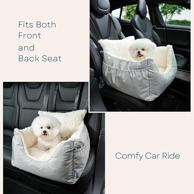 Milk and Soda Small Dog Car Seat Bed for Small Dogs Under 20 LBS with 2-Sided Pillow, Side Pockets, Built-in Leash, Machine Washable Cover, Light Gray (Gray, Small)