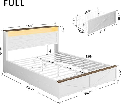 IRONCK Farmhouse Full Size Bed Frame with LED Light and Charging Station, Wood Bed Frame with Storage Headboard and 2 Drawers， Barn Door Design, Sturdy and Noiseless, White