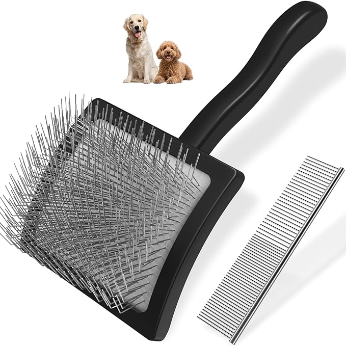 2PCS Slicker Brush for Dogs & Pet Comb,Professional Dog Grooming Brush (Goldendoodles,Poodles,Labradoodles) with Extra Long Pins to Effectively Remove Tangles, Knots and Mats (Black, Large)