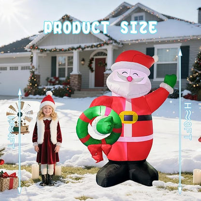 Giant Inflatable Santa Claus Christmas Decoration, 8Ft LED Lighted Outdoor Holiday Decor with Wreath, Fast Self-Inflating, Yard Lawn Garden Display