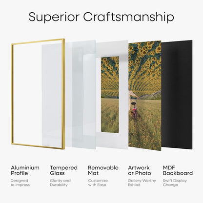 Homeforia A5 Picture Frame Gold, High End Metal 5.8 x 8.3 Frames Matted to 4.1 by 5.8 inch Photo, A5 Frame with Mat A6, 5.8x8.3 Poster Frames, 8.3x5.8 Display Frame, Tempered Glass, Wall Kit, Set of 1