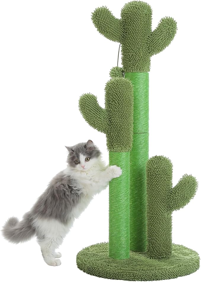 PAWZ Road Cat Scratching Post Cactus Cat Scratcher Featuring with 3 Scratching Poles and Interactive Dangling Ball - 35 Inches