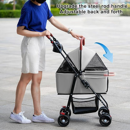 4 Wheels Pet Stroller for Medium Small Dog up to 50lbs, Folding Dog Stroller, 4 Wheels Cat Strollers, Travel Carrier, with Adjustable Handle, Detachable Pet Basket, Breathable Mesh (1 Set)