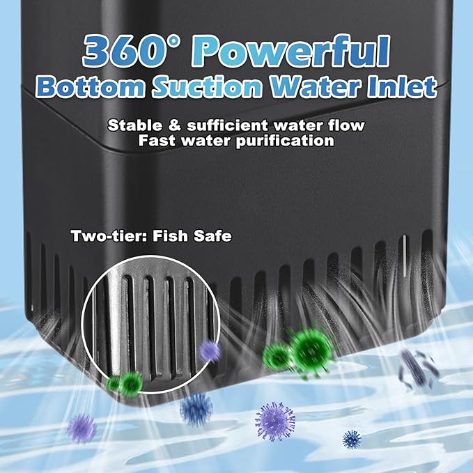 222GPH 10W Turtle Tank Filter Aquarium Filter Power Adjustable 10-40 Gal. Small Internal Filter 3-Stage Waterfall Bio-Filtration Quiet Low Water Level for Freshwater Saltwater Fish Tank Easy to Clean