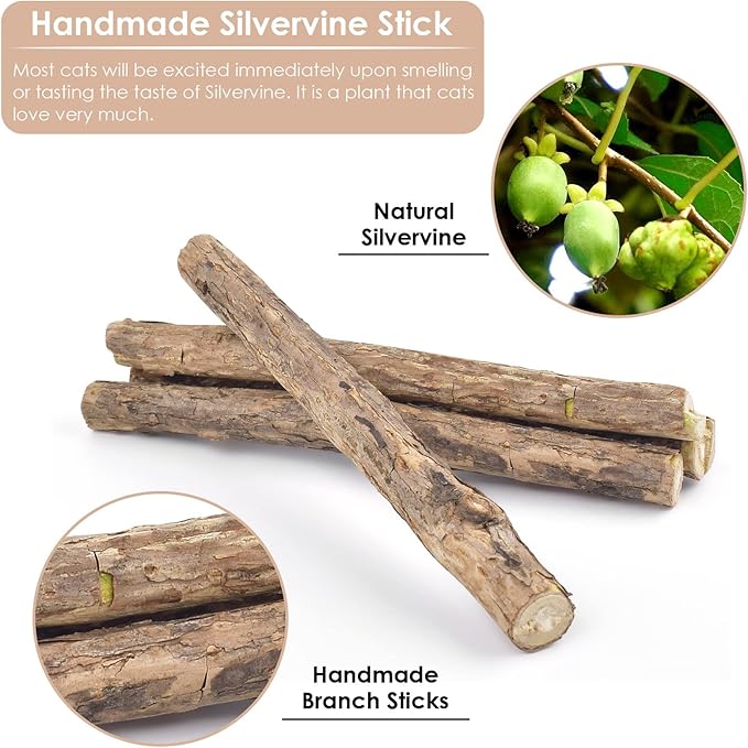 Bissap 10 PCS Silvervine Chew Sticks for Cats, Catnip Chew Sticks Cat Toys for Indoor Cat Kitten Teeth Grinding Interactive Feather Toys for Aggressive Chewers Dental Care