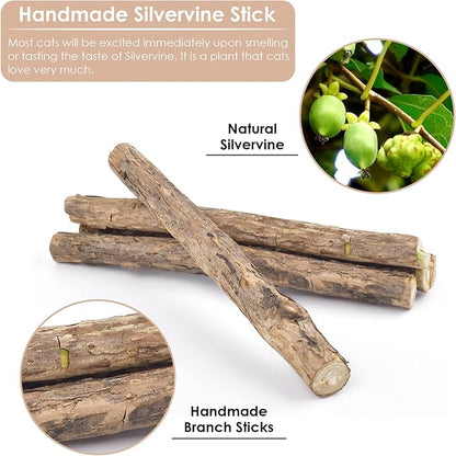 Bissap 10 PCS Silvervine Chew Sticks for Cats, Catnip Chew Sticks Cat Toys for Indoor Cat Kitten Teeth Grinding Interactive Feather Toys for Aggressive Chewers Dental Care