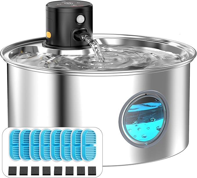 Cat Water Fountain with Motion Sensor: Rechargeable Cat Fountain Wireless - Metal Pet Water Fountain Powered by 4000 mAh Battery - 108oz/3.2L Cordless Animals Water Fountain Inductor -16 Filters