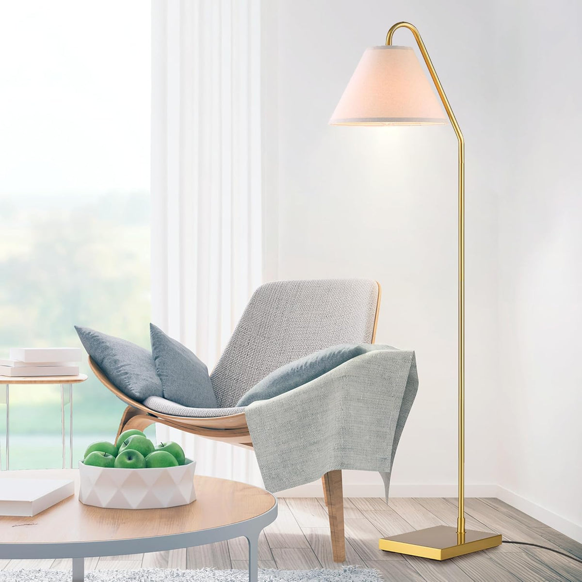 GLOBE Electric 61000147 62" Floor Lamp, Matte Brass, Beige Fabric Shade, On/Off Rotary Switch on Socket, 6-Foot Clear Cord, Reading Light, Bedroom, Living Room, Home Decor