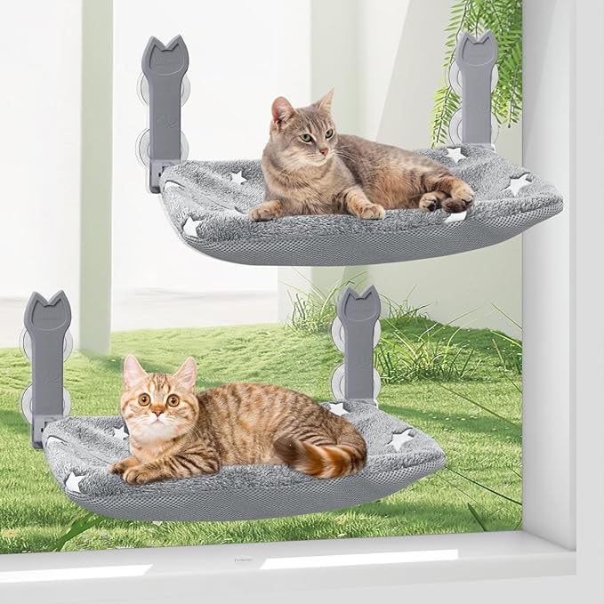 2 Pack Cat Window Perch,Cat Window Hammock Cordless Foldable Window Bed with 4 Large Strong Suction Cup,Reversible Cushion Cover,Metal Frame Easy to Adjust Window Seat Holds up to 40lbs(Star White