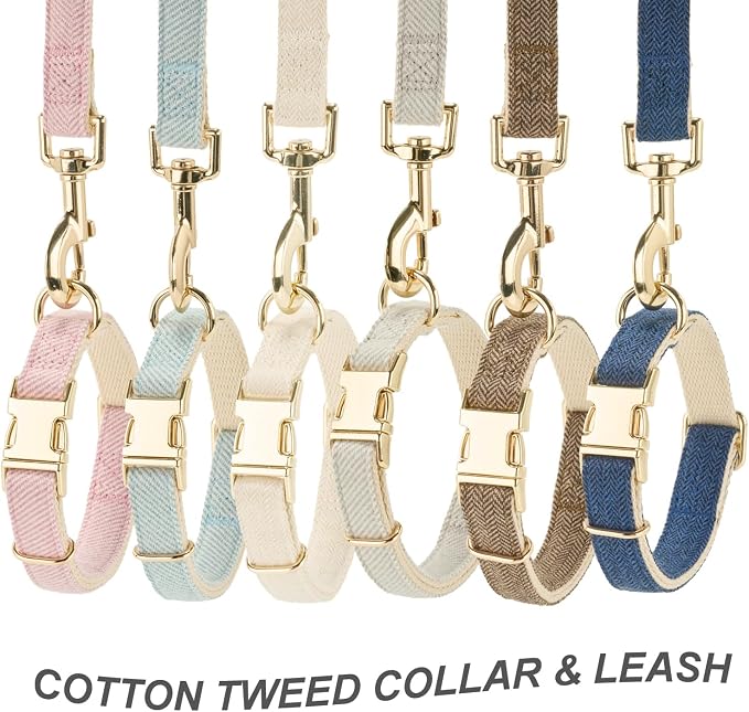 Luxury Soft Cotton Tweed Fabric Dog Collar & Leash Set with Gold Buckle – Durable Fabric, Stylish Design for Everyday Walks(Small Navy)