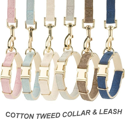 Luxury Soft Cotton Tweed Fabric Dog Collar & Leash Set with Gold Buckle – Durable Fabric, Stylish Design for Everyday Walks(Small Navy)