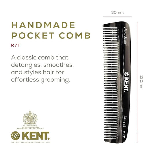 Kent R7T Graphite Double Tooth Hair Pocket Comb, Small Fine/Wide Tooth Comb For Grooming Styling Hair, Beard and Mustache, for Men, Women and Kids. Saw Cut and Hand Polished. Handmade in England