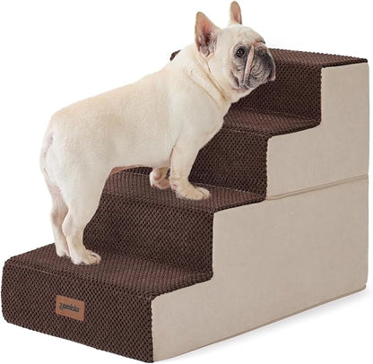 Dog Stairs for Small Dogs - Pet Stairs 2 in 1 with Zippers Suitable for Couch and Bed, 35D Foam Dog Steps with Non Slip Bottom Grey 4 Steps, Brown