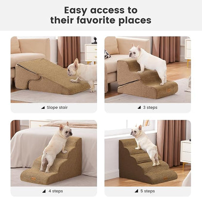 Gardner Pet Dog Stairs for Small Dogs 22.8" H, 5-Step Brown Curved Pet Stairs, Dog Steps for High Bed, Couch (24-30 in) with Durable Non-Slip Waterproof Fabric Cover and CertiPUR-US Certified Foam