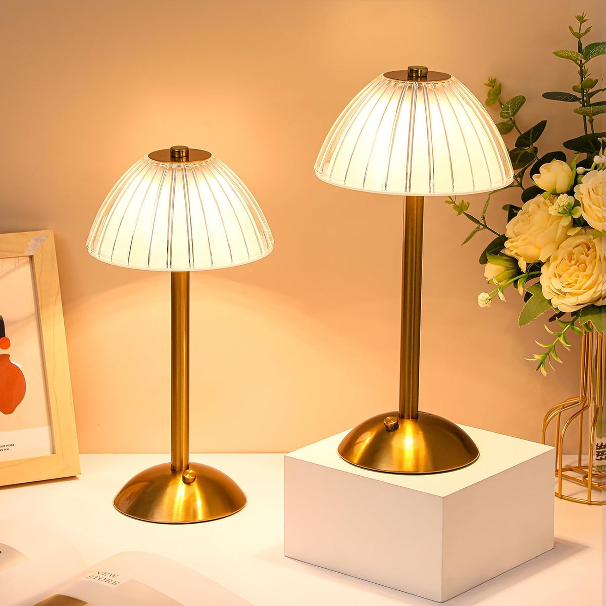 Liliful 2 Pcs LED Portable Cordless Table Lamp Touch Battery Operated Rechargeable Desk Lamp 3 Color Dimmable for Bedroom Living Room Dining (Mushroom Style,Gold)